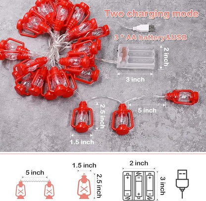 AceList 20 LED Red Lantern String Lights Mini Kerosene Lamp for Indoor Outdoor Patio Garden Holiday Home Ramadan Wedding Party Christmas Tree New Year Decorations(Warm White Light)