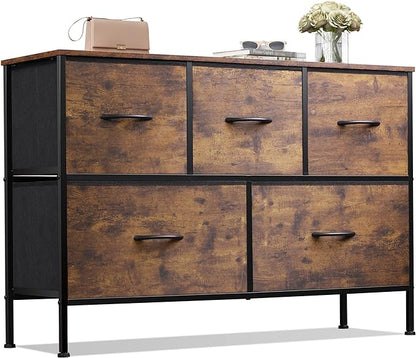 WLIVE Dresser for Bedroom with 5 Drawers, Long Fabric Dresser, Storage Drawer Unit with Fabric Bins for Closet, Hallway, Rustic Brown Wood Grain Print, Size L