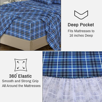 RUVANTI Flannel Sheets Twin XL Size - 100% Cotton Double Brushed Twin XL Sheet Sets, Deep Pockets 16 Inches, All Seasons Breathable & Extra Soft Bed Sheets, Warm & Cozy, 3 Piece, Blue Plaid