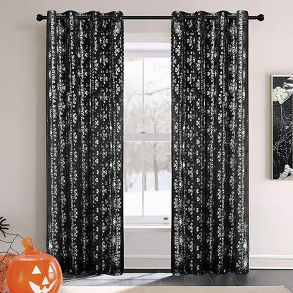 NICETOWN Black Voile Sheer with Glitter Silver Web, Grommet Halloween Spider Pattern for Window Decor, Party & Seasonal Home, W54 x L96, 2 Panels