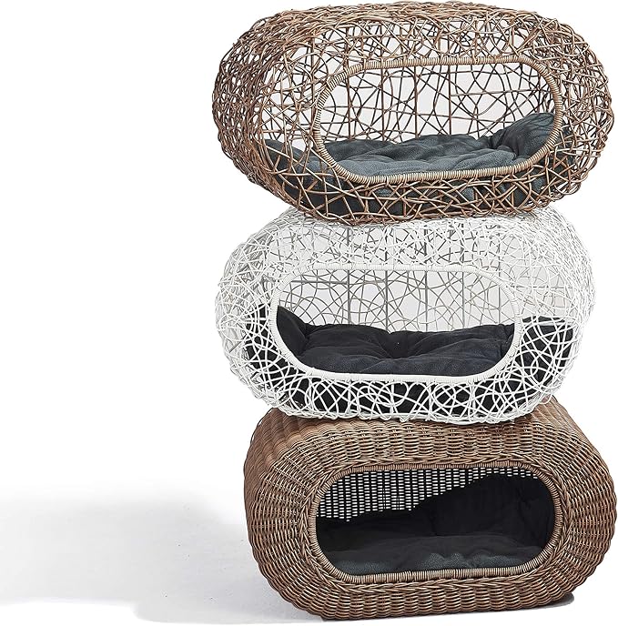 Fun Stackable Cat Condo for Indoor Cats - Interactive Play Faux Rattan Cat House for Indoor Cats Kitty, Pet Friendly Top/Side House Entry, Cat Bed Enclosed-Mewly Pet