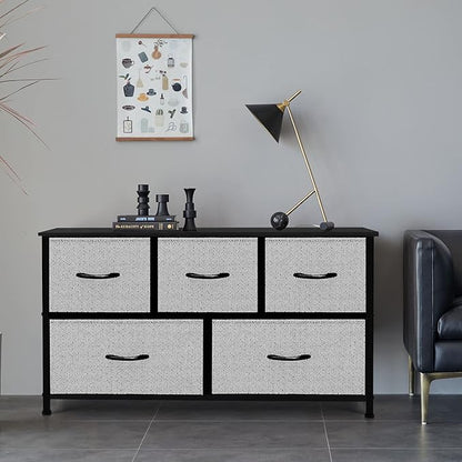 AZL1 Life Concept Extra Wide Dresser Storage Tower with Sturdy Steel Frame,5 Drawers of Easy-Pull Fabric Bins, Organizer Unit for Bedroom, Hallway, Entryway, Grey with Black