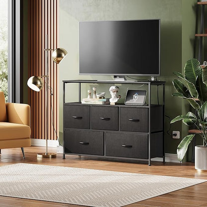 WLIVE Black Dresser for Bedroom, 5 Drawer Dressers with Charging Station, Fabric Chest of Drawers with Open Shelves, Storage Dresser for Living Room, Closet, Entryway
