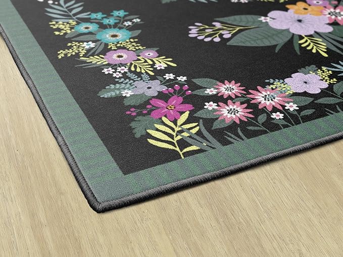 Flagship Carpets Schoolgirl Style Vintage Floral Educational Area Rug for Kids Room Seating Décor, Children's Classroom, Play Carpet for Teaching and Playroom, 5' x 7'6", Black & Multi