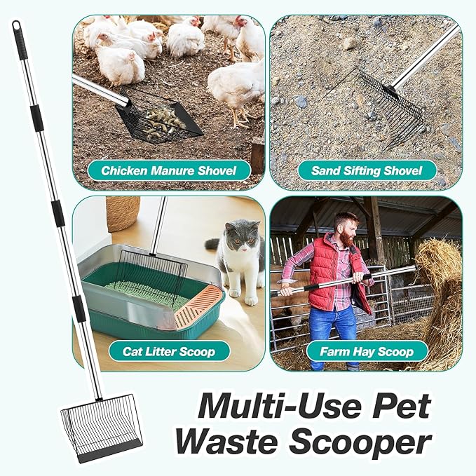 Adjustable Chicken Poop Scooper, Heavy Duty Stainless Steel Chicken Rake with 3-Slot Pole, Multi-Use Pet Waste Shovel & Hay Scooper - 36"/50"/64" Length-Mewly Pet