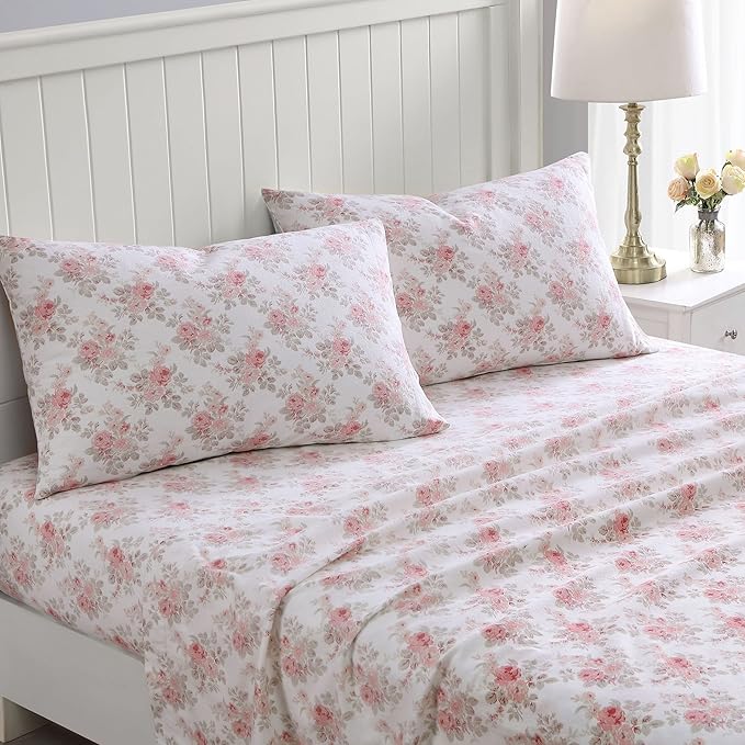 Laura Ashley - Flannel Sheets Twin Size, Anti-Pilling & Wrinkle Resistant Cotton, Touchably Soft for All-Season Comfort - Bed Sheets with Matching Pillowcase & Fitted Sheet (Lisalee Pink)