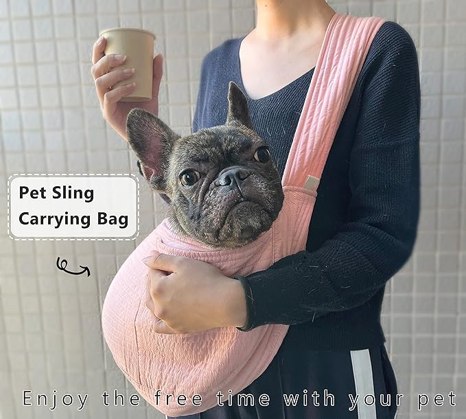 NATUYA Small Dog Carrier Sling Dog Sling Carrier for Small Dogs Puppies Cats, Big Pouch Safety Leash Pet Sling Carrier for Walking Outdoor Travel (Pink, Canvas)-Mewly Pet