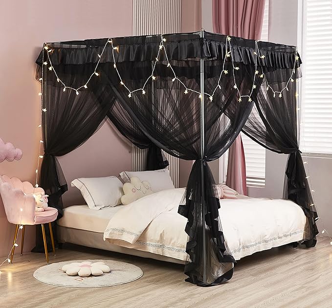 Mengersi Simple 4 Corners Post Canopy Bed Curtains Bed Drapes (Twin XL, Black)