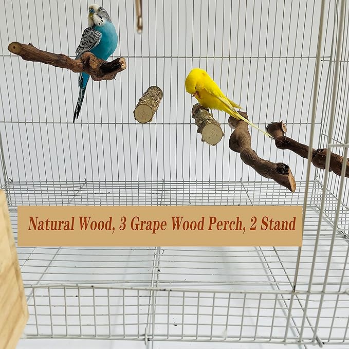 5PCS Bird Perch Stand Natural Wooden Parrot Stand Branch,3 Grape Wood Perch,2 Stand,Paw Grinding Fork Parakeet Chewing Stick Exercise Training Branches for Cockatiels,Small Medium Birds-Mewly Pet