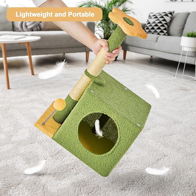 24 Inch Cat Tree Condo for Indoor Cats with Floral Sisal Scratching Post, Plush Hang Ball Play Furniture for Kittens Cats, Yellow-Mewly Pet