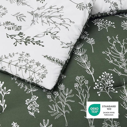 Bedsure Queen Comforter Set - Dark Olive Green Bed Set, 3 Pieces Cute Floral Bedding, 1 Soft Reversible Botanical Flowers Comforter and 2 Pillow Shams