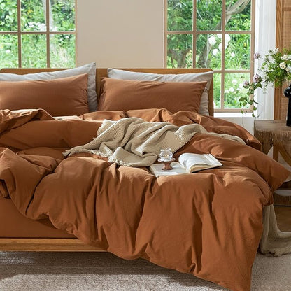MooMee Bedding Duvet Cover Set 100% Washed Cotton Linen Like Textured Breathable Durable Soft Comfy (Solid Dark Orange, Full 80"x90")