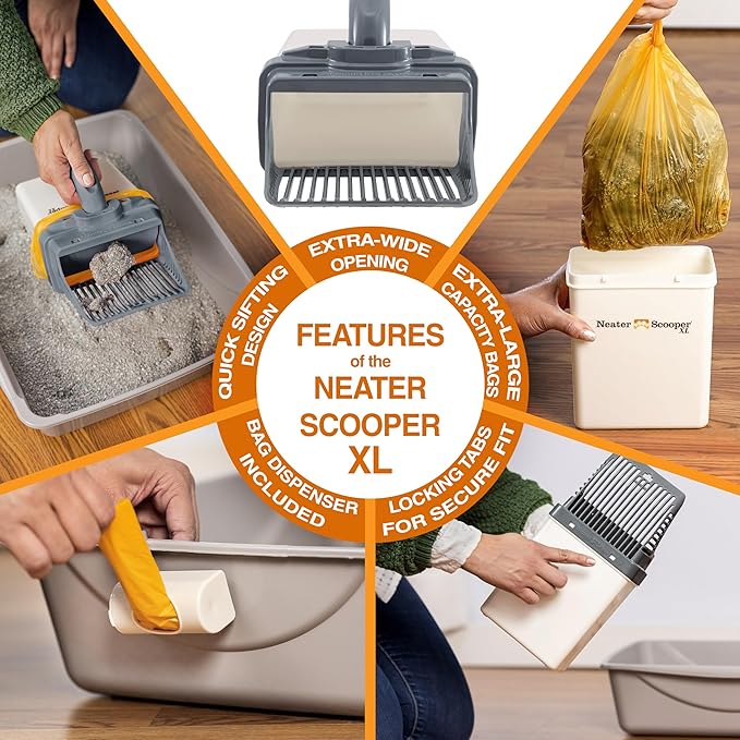 Neater Pet Brands Neater Scooper XL Cat Litter Scoop, 195 Refill Bags – Extra-Large Capacity Mess-Free Cat Litter Scooper with Bag for Large & Multiple Cats, Spill-Proof Litter Box Scooper with Holder-Mewly Pet