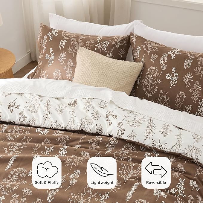 Bedsure King Comforter Set - Brown Bed Set, 3 Pieces Cute Floral Bedding, 1 Soft Reversible Botanical Flowers Comforter and 2 Pillow Shams