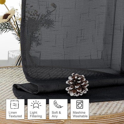 Aiyufeng Kirei Faux Linen Black Sheer Kitchen Valance Curtain 14 Inch Length, Soft Breathable Slub Textured Valance for Small Windows Farmhouse Basement Bedroom, 60X14 Inch, 1 Piece, Black