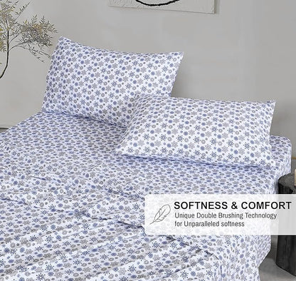 RUVANTI Flannel Sheets King Size - 100% Cotton Brushed King Size Sheets Set - Deep Pockets 16 Inches Bed Sheets - All Seasons Breathable & Extra Soft - Warm & Cozy, 4 Piece, Snow Flake Grey
