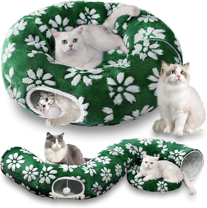 Cat Tunnel for Indoor Cats, Cute Peekaboo Cat Cave with Dangling Balls, Pet Donut Tunnel Bed with Circle Mat for Puppy Kitten Rabbit, Green Flower-Mewly Pet