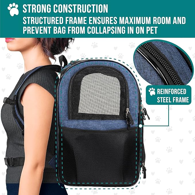 PetAmi Dog Backpack Carrier for Small Large Cat, Pet, Puppies, Ventilated Pet Hiking Backpack Travel Bag, Airline Approved Cat Backpack Carrier, Safety Back Support, Camping Biking, Max 18 lbs, Navy-Mewly Pet