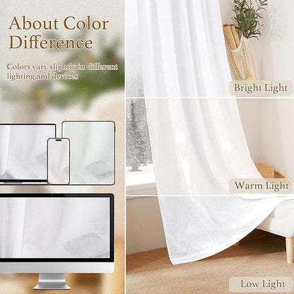 RYB HOME White Thick Opaque Curtains, Linen Textured Blend Semi Sheer Curtains Farmhouse Window Decor for Patio Door Living Room Bedroom Home Office, White, W 34 x L 95 inch, 2 Pcs