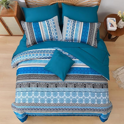 Cottolester Boho Comforter Set King Size,8 Pieces Teal Blue Bohemian Striped Bed in a Bag,Paisley Soft Microfiber Bedding Comforter Set