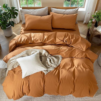 MooMee Bedding Duvet Cover Set 100% Washed Cotton Linen Like Textured Breathable Durable Soft Comfy (Solid Burnt Orange, Queen 90"x90")