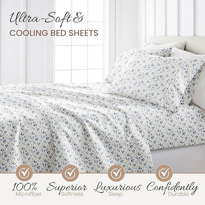 Linen Market 4 Piece King Sheet Set - Breathable, Double-Brushed Patterned Cooling Sheets – Oeko-TEX Certified Ultra Soft & Wrinkle-Free 16" Deep-Pocket King Sheets - Easy Care Blossoms Light Blue