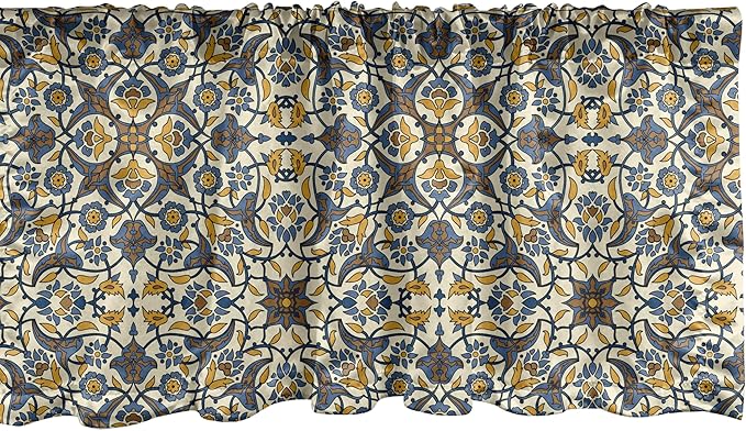 Ambesonne Turkish Pattern Window Valance Pack of 2, Flowers in and Traditional Style, Rod Pocket Curtain Valances for Kitchen Bedroom, 54" X 12", Earth Yellow Slate Blue
