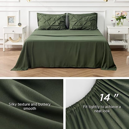Bedsure Twin XL Comforter Set - Extra Long 5 Pieces Dorm Bedding Sets, GentleSoft™ Pinch Pleat Olive Green Bed in a Bag with Pintuck Comforter, Sheets, Pillowcase & Sham