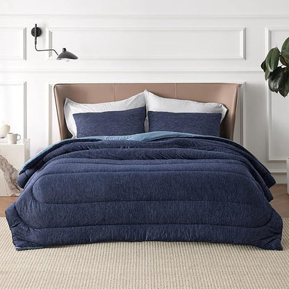 Bedsure Queen Comforter Set - Cooling and Warm Bed Set, Navy Blue Reversible Bedding for All Season, 3 Pieces, 1 Queen Size Comforter (88"x88") and 2 Pillow Cases(20"x26")