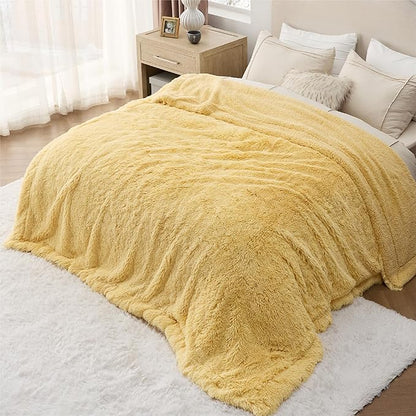 Bedsure GentleSoft Fluffy Yellow Blankets Queen Size for Bed, Thick Sherpa Faux Fur Fleece Fuzzy Plush Winter Warm Heavy Soft Full Queen Blankets, Bedroom Decor Yellow Cozy Gifts for Women Men, 90x90