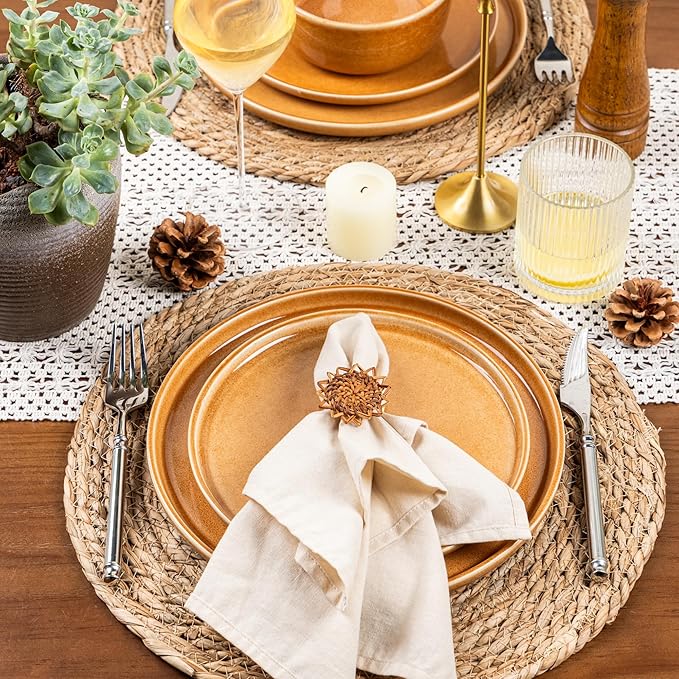 GBHOME Ceramic Dinnerware Sets for 4, 12 Pieces Stoneware Plates and Bowls Sets, Scratch Resistant Dishes, Dishwasher & Microwave Safe, Reactive Glaze-Amber-Mewly Pet