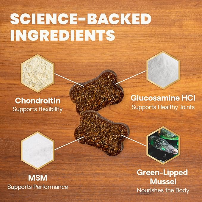 VetriScience Ultimate Strength Healthy Hip & Joint Chews, GlycoFlex Glucosamine, Chondroitin and Green-Lipped Mussel Joint Support Supplement for Dogs, Soothe Joint Discomfort, Duck, 120 Count-Mewly Pet