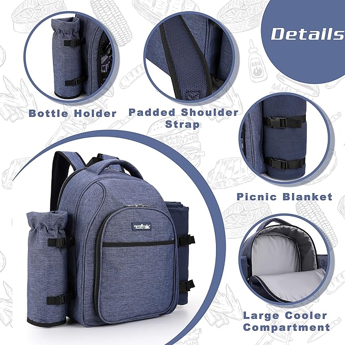 Apollo Walker Picnic Backpack Bag for 2 Person with Cooler Compartment, Detachable Bottle/Wine Holder, Fleece Blanket, Plates and Cutlery Set (2 Person, Navy)-Mewly Pet