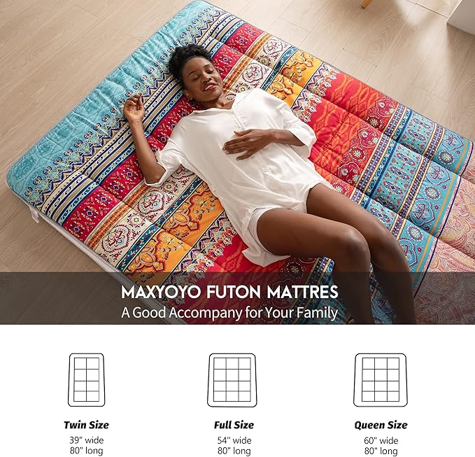 MAXYOYO Twin Size Futon Floor Mattress Shikibuton Sleeping Mats for Adults, Floor Futon with High-Density Foam, Portable Mattress for Living Room, Guest Room, Bohemian A
