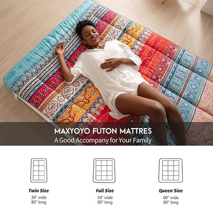 MAXYOYO Twin Size Futon Floor Mattress Shikibuton Sleeping Mats for Adults, Floor Futon with High-Density Foam, Portable Mattress for Living Room, Guest Room, Bohemian A