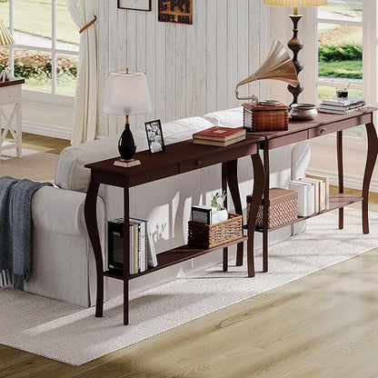 ChooChoo 47 Inch Narrow Console Table with Drawer, Chic Accent Sofa Entryway Table with Shelves for Entryway, Living Room, Hallway, Espresso