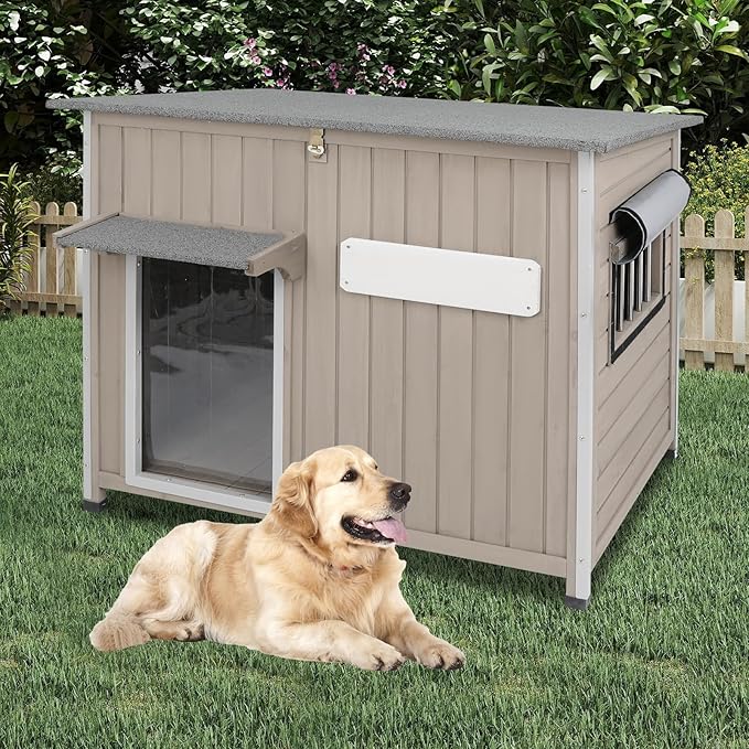 Weatherproof Outdoor Dog House, Wooden Puppy Shelter with Anti-Chewing Iron Frame and Elevated Floor, Sturdy Dog Kennel for Small, Medium & Large Dogs, Grey (Gray, 40" L x 26" W x 31" H)-Mewly Pet