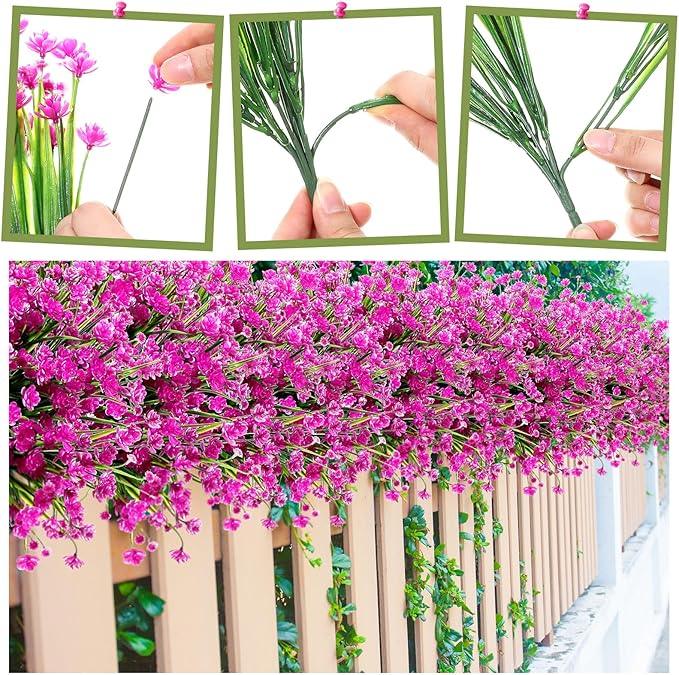 Hoteam 40 Bundles Outdoor Artificial Flowers Plants UV Resistant Outside Faux Flowers Plastic Fake Plants Outdoor Summer Fall Four Seasons Decoration Shrubs Garden Porch, Purple Red