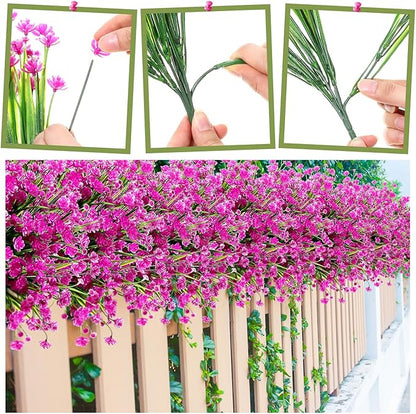 Hoteam 40 Bundles Outdoor Artificial Flowers Plants UV Resistant Outside Faux Flowers Plastic Fake Plants Outdoor Summer Fall Four Seasons Decoration Shrubs Garden Porch, Purple Red
