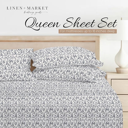 Linen Market Double-Brushed Patterned Microfiber Queen Sheet Set 4 Piece – Oeko-TEX Certified Ultra Soft & Wrinkle-Free - 16" Deep Pocket Sheets - Easy Care Queen Size - Burst of Vines Navy