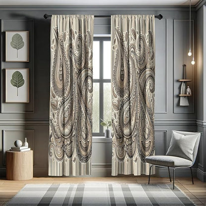Ambesonne Paisley Window Curtains Pack of 2, Delicate Bohemian Leafy Motives on Stripes in Neutral Muted Colors, Lightweight Set with Rod Pocket, 4 Panels of - 28" x 63", Warm Taupe Ivory and Sepia