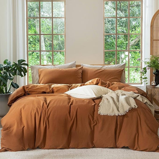 MooMee Bedding Duvet Cover Set 100% Washed Cotton Linen Like Textured Breathable Durable Soft Comfy (Solid Dark Orange, Palatial King/Oversized King 120"x98")