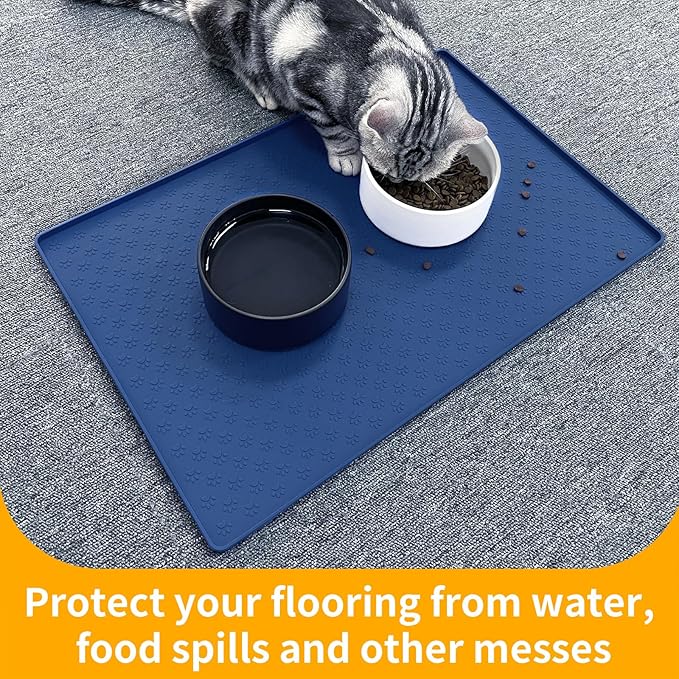 Ptlom Silicone Pet Placemat for Dog and Cat, Waterproof Non-Slip Pet Feeding Bowl Mats for Food and Water, Small Medium Large Tray Mat Prevent Residues from Spilling to Floor, Navy Blue, 18" 12"-Mewly Pet