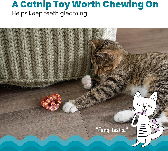 Catstages Plaque Away Pretzel Cat Toy – Interactive Catnip Dental Chew Toy to Help Clean Teeth, Fun for Play and Chewing, Orange-Mewly Pet