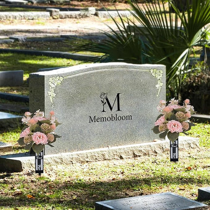 Pink Artificial Flowers for Cemetery : 2 Pcs Peony Grave Flower Bouquets for Cemetery Decorations - Outdoor Gravesite Flowers with Vase
