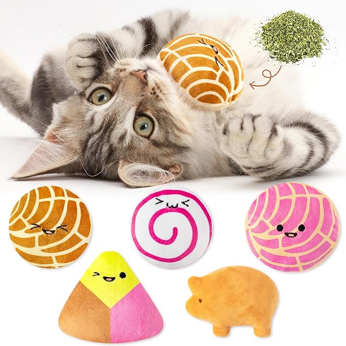 L1rabe Mexican Catnip Stuffed Toys - Hispanic Heritage Month 5Pcs Concha Cafecito Pan Dulce Funny Cat Toys for Cat Lovers Indoor Kitten Chew Bite Kick Non-Toxic Pet Supplies Kitten Birthday Presents-Mewly Pet