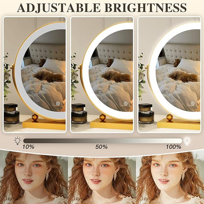 13 Inch Vanity Mirror with Lights, Round Make Up Mirror with Lighting, LED Mirror Makeup Mirror with Lights for Bedroom Tabletop, Smart Touch Control, 360° Rotation (Gold)