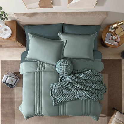 Monbix Full Size Comforter Set - 7 Pieces Sage Green Bed in a Bag Full Size Bedding Sets with Comforters, All Seasons Comforter with Sheets,Pillowcases & Shams