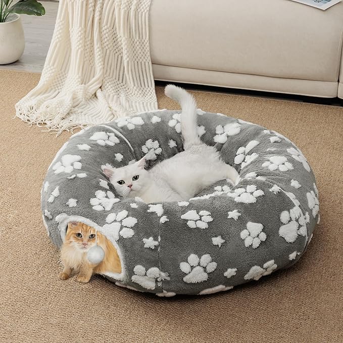 Cat Tunnel for Indoor Cats, Cute Peekaboo Cave with Dangling Balls, Pet Donut Tunnel Bed with Circle Mat for Puppy Kitten Rabbit, Grey-Mewly Pet