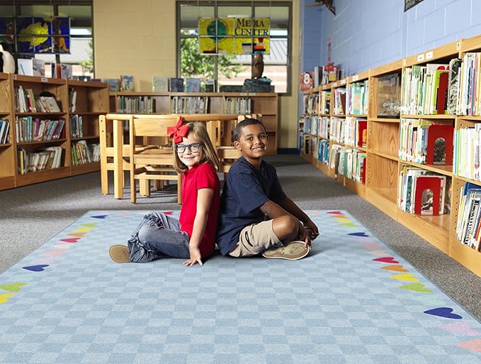 Flagship Carpets Schoolgirl Style Blue with Rainbow Hearts Border Educational Area Rug for Kids Room Seating Décor, Children's Classroom, Play Carpet for Teaching and Playroom, 7'6" x 12', Blue